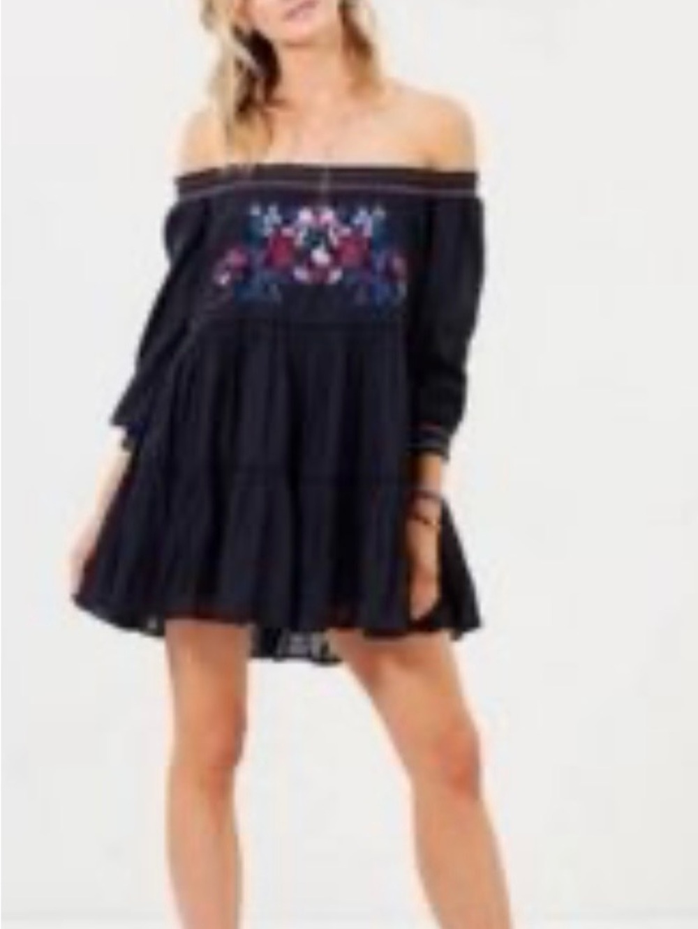 Free people  Boho Embroidered Tiered Maxi Dress - Pink & Blue Floral XS
